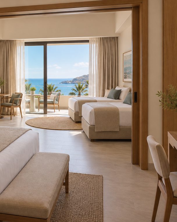 The second bedroom of a Family Suite seen through the open connecting door, two beds, a desk and its own balcony onto the bay