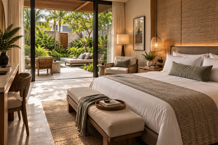 A ground-floor room with the doors wide onto its own planted terrace, a daybed and chairs outside in the shade