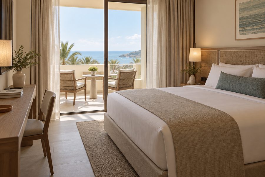 A king room with a woven headboard, a desk and chair on the far wall, sliding doors open onto a balcony with two chairs and a round table, the bay beyond