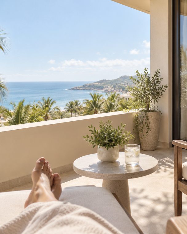 A Terrace Room balcony from the lounger, a pedestal table with a glass of iced water and a potted olive on it, the bay and the headland beyond