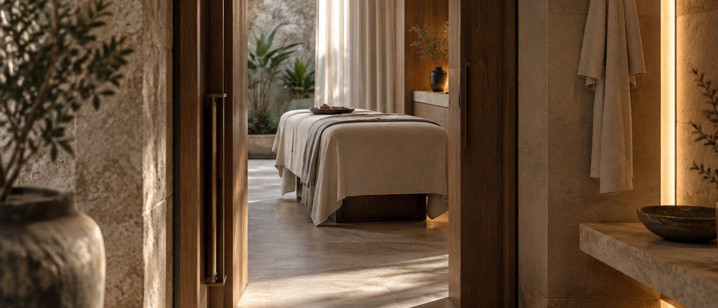 The spa corridor, an open timber door onto a treatment room, a bed under folded linen, a robe on its hook and a sheer curtain beyond