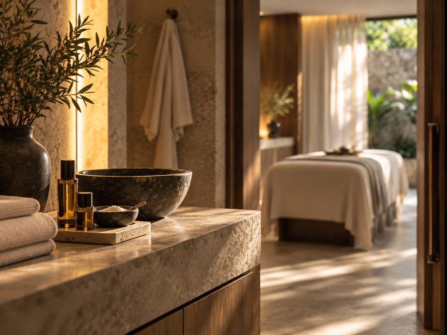 A stone bowl, oils and folded towels on a travertine shelf, an olive branch above them