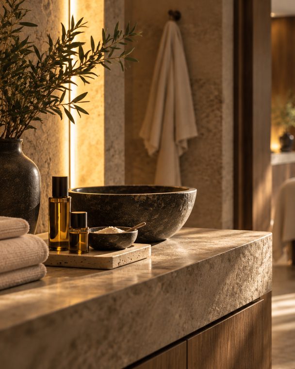 A stone bowl, oils and folded towels on a travertine shelf at the spa, an olive branch above them