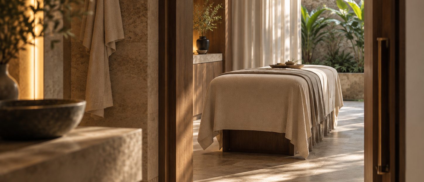 A treatment bed under folded linen beyond a sheer curtain, a robe on a hook and a stone bowl on a travertine shelf in the foreground