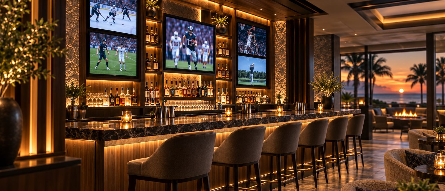 The bar down its length in the evening, screens showing live sport above the bottle shelves, upholstered stools along a dark stone counter, a fire and the last of the sunset beyond