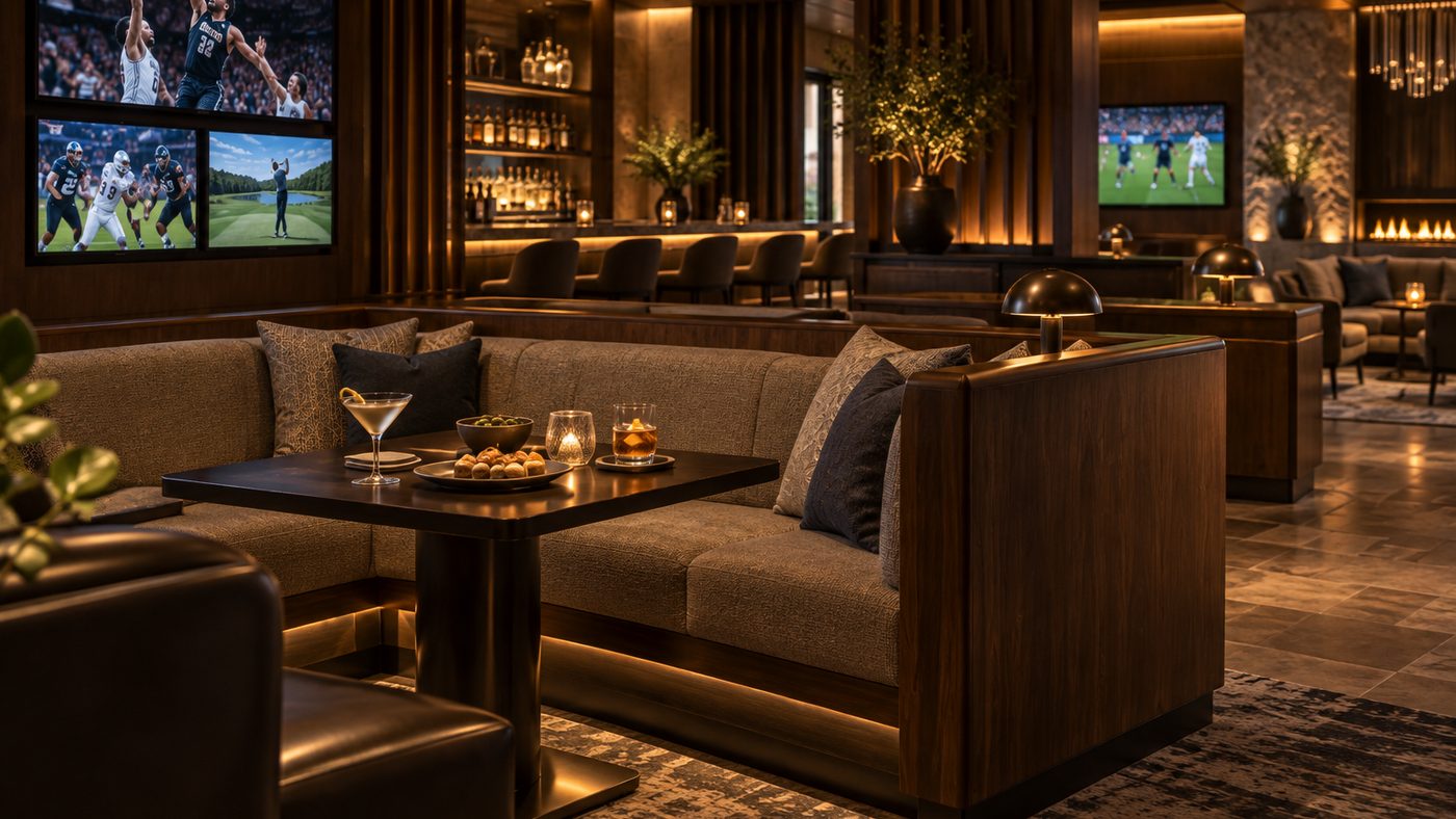 A booth in the middle of the room, the bar and further booths behind it, screens lit along the walls