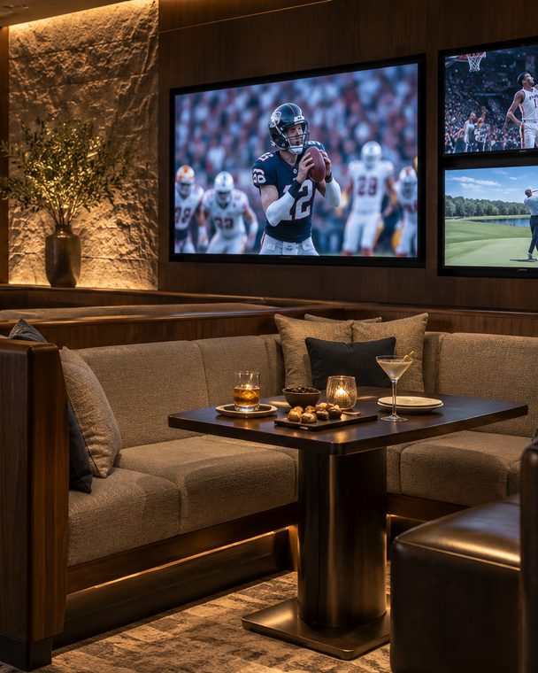 One booth with a large screen and a pair of smaller screens beside it, a whisky, a martini and a bowl of olives on the low table
