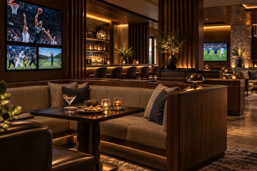 A three-panel screen wall above a banquette, basketball on the upper panel and football and golf below it