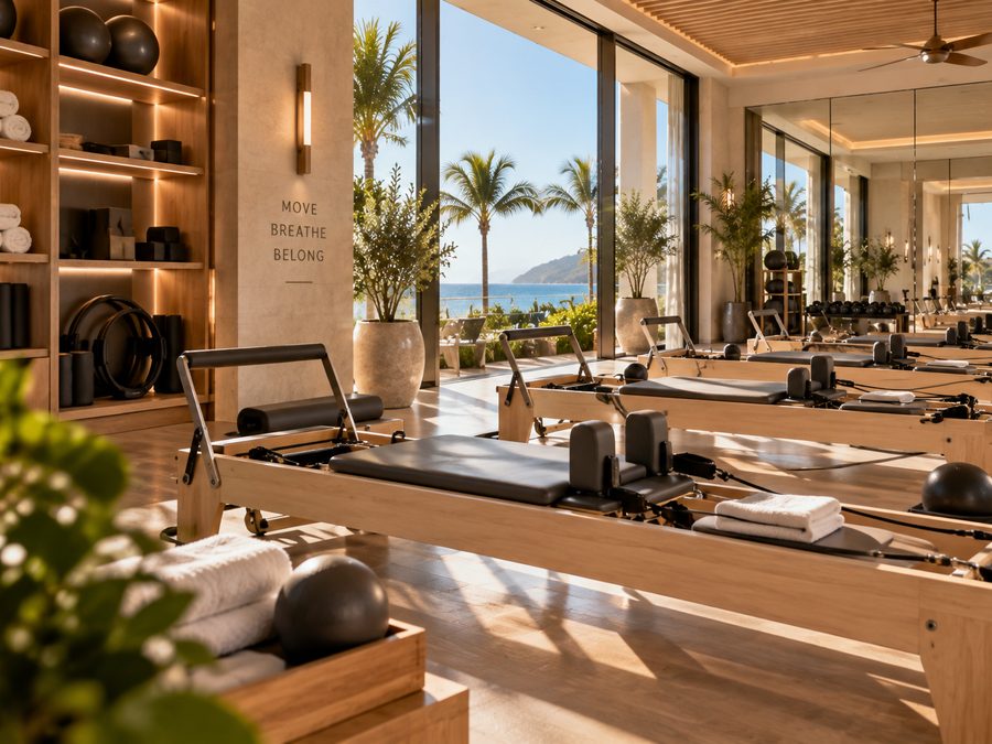 Timber reformers in a rank on a wood floor, a shelved wall of rolled towels and weights at one side, palms and the sea through the glazing