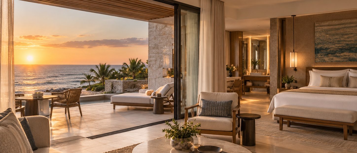 A suite with a sofa and an armchair in the foreground, the bed beyond them, terrace doors open on the sun going down over the sea