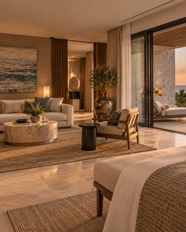 A suite sitting room with a low stone table and a sofa, the terrace doors open to a lounger outside