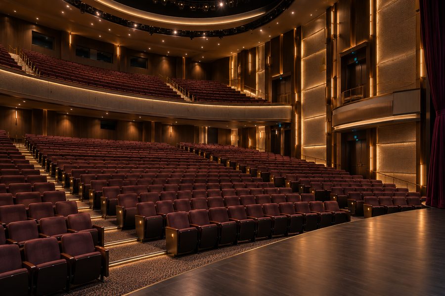 The Zephyr Theatre from the edge of the stage, the rake of burgundy seats and the balcony above it, the walls lit low