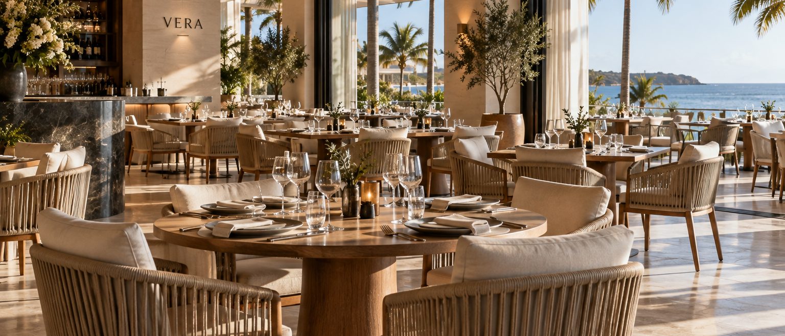 The room at Vera along its length in daylight, the lit bar and the restaurant name on the stone pier at one side, laid tables running to the glazing on the other