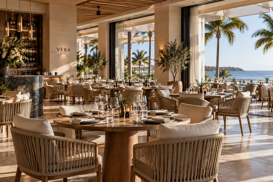 Inside the dining room in daylight, the bar and its pendant lights at one side under the restaurant name cut into the stone, laid tables running to the glazing