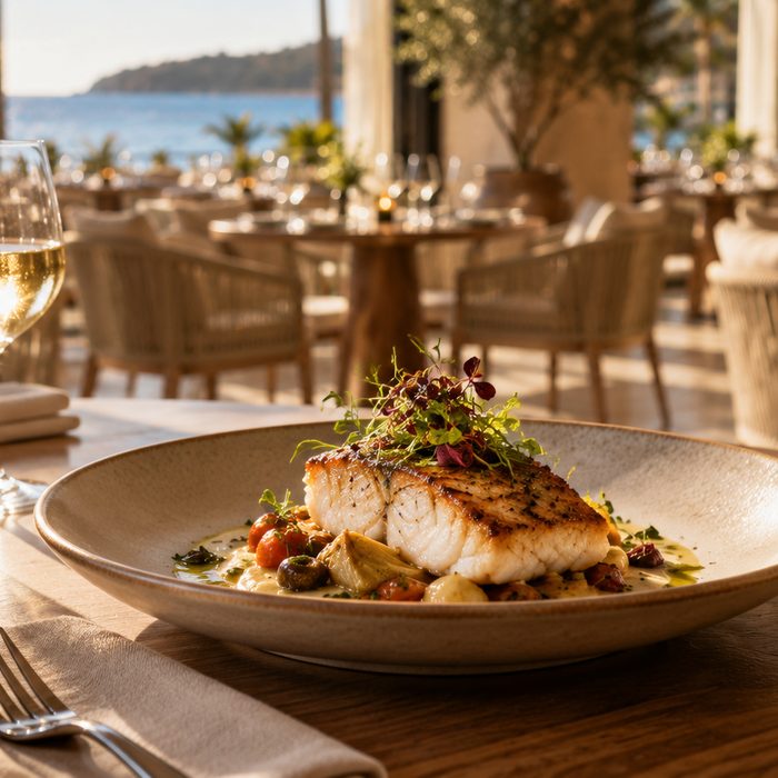 A plated white fish on a shallow ceramic bowl with a glass of white wine and a lit candle beside it, the dining room soft behind