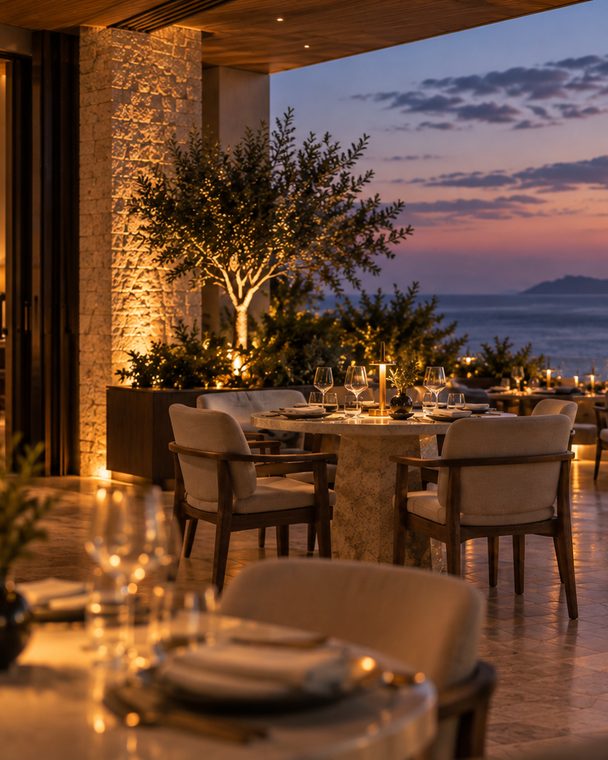 The Vera terrace seen from inside the room, an olive tree in a planter between the laid tables, the bay beyond