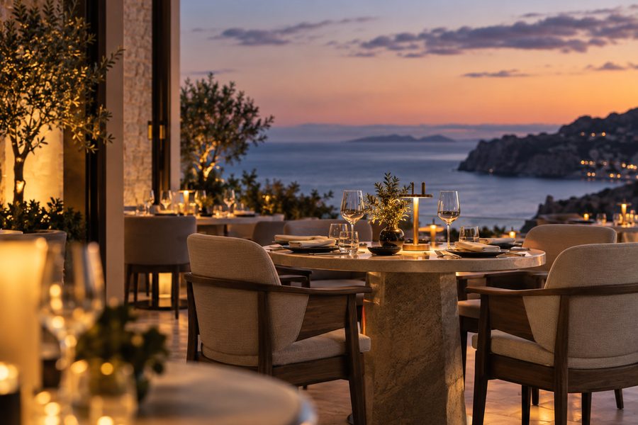 A laid table at Vera with the bay and an island behind it, candles along the terrace wall