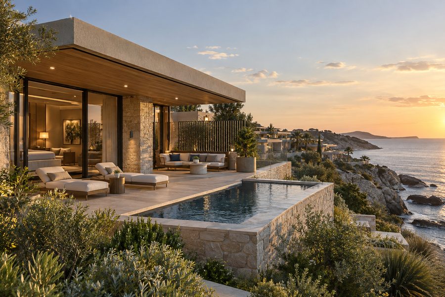 A villa on the headland at sunset, its glazed wall lit and open, loungers and a private pool on the stone terrace, the cliff and the sea below