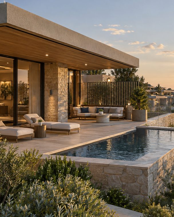 A Headland Villa terrace at sunset, loungers beside a private pool cut into the stone, the cliff and the sea below it
