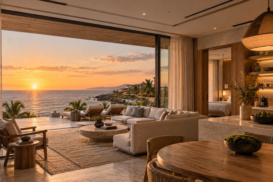 A villa living space with a kitchen island and a dining table, a bedroom through the doorway, the terrace and the sea beyond